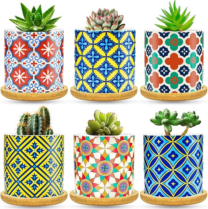 Ascrafter 6 Pack Succulent Pots with Drainage Hole, 3 inch Ceramic Succulent Planter with Bamboo Tray, Bright Color Succulent Plant Pots for Cacti Succulent Soil Potting Mix Indoor/Outdoor