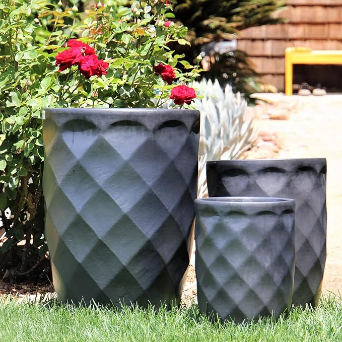 PLANTATOREM Medium High Diamond Planter Set of 3 - Matte Black 18 D X 26 H - Fashion Design Ceramic with Drainage Holes and Drip Pan for Indoor and Outdoor Use - Elegant Glaze Finish