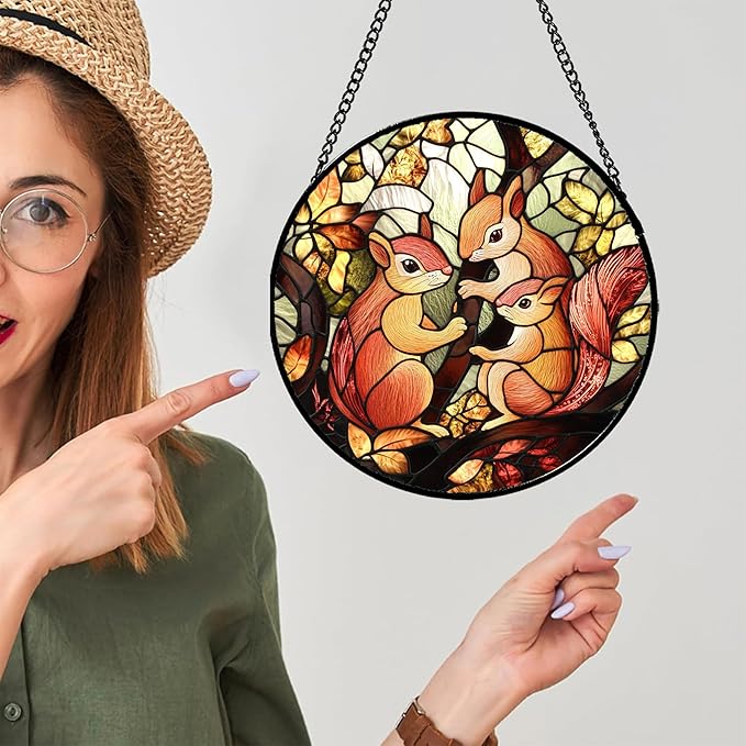 Stained Glass Window Hanging - 3 Cute Squirrels Suncatcher for Doors Garden Patio Sun Catchers Decor Christmas Mother's Day Teenager Birthday Gifts for Women Men Mom Nana Friend 11.8 in