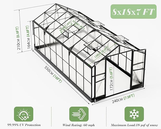 Jocisland 8x18 FT Polycarbonate Greenhouse with Quick-Connect Fittings, Walk-in Large Aluminum Sunroom with 2 Swing Doors, Winter Greenhouse for Outdoors Black
