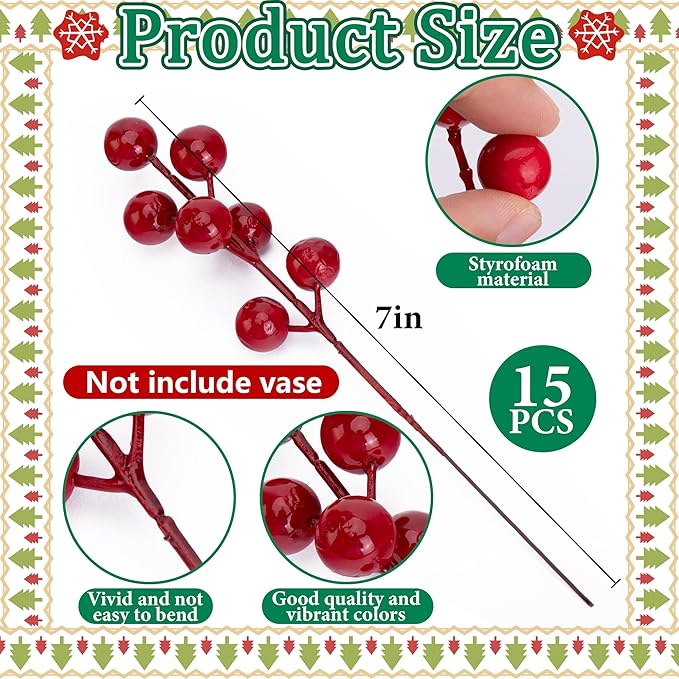 Watayo 60 Pcs Christmas Norfolk Pine Branches with Red Berry Stems, 14" Artificial Greenery Norfolk Pine Stems Sprigs, Fake Foliage Pine Needles Picks for DIY Craft Garland Home Decoration