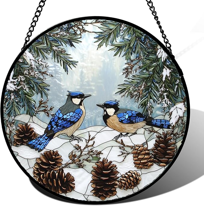 HWRHTR Stained Glass Window Hanging - Blue Bird Winter Forest Landscape Suncatcher for Door Garden Yard Sun Catchers Decor Christmas Mother's Day Birthday Gifts for Women Mom Nana Friend 6.3 in