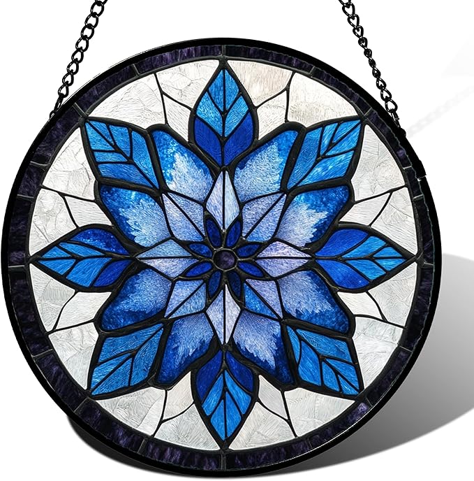 Stained Glass Window Hanging - Blue Snowflake Flowers Suncatcher for Doors Garden Patio Boho Sun Catchers Decor Christmas Mother's Day Birthday Gifts for Women Men Mom Nana Friend 6.3 in