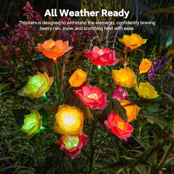RECHOO Solar Garden Lights Outdoor Decorative, 3 Pack Solar Flower Lights with 15 Rose Flowers, Multi-Color Changing LED Waterproof Garden Decor for Landscape Pathway, Valentine's Day Gifts for Women