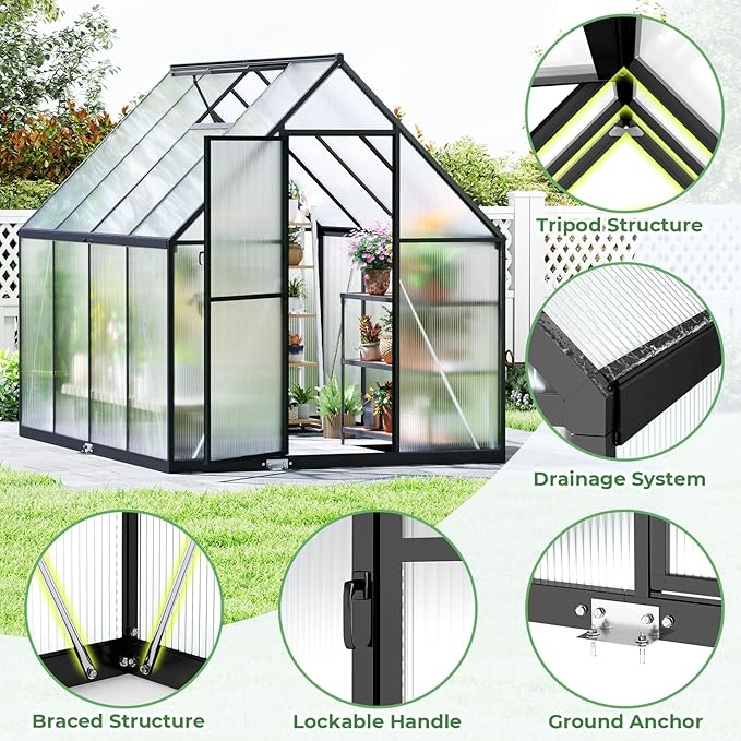 6x8FT Greenhouse for Outdoors, Galvanized Steel Frame Winter Green House w/Adjustable Roof Vent, Lockable Door Handle &DrainageSystem, Walk-in Greenhouses for Outside Garden Backyard