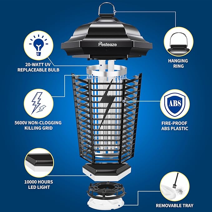 Bug Zapper Outdoor with LED Light, 5600V Electric Fly Zapper, Plug-in Mosquito Killer, 3 Prong Plug, Mosquito Zapper, Fly Traps, Flying Insects Zapper Indoor Outdoor, ABS Plastic
