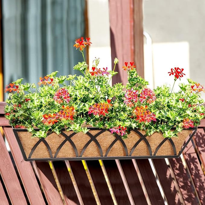 Y&M 24 Inch Window Deck with Coco Liner, Fence Metal Hanging Flower Planter Window Basket Deck Railing Planter Boxes for Outdoor Garden Lawn, 24" Window Boxes Horse Trough with Coconut Coir Liner,4pcs