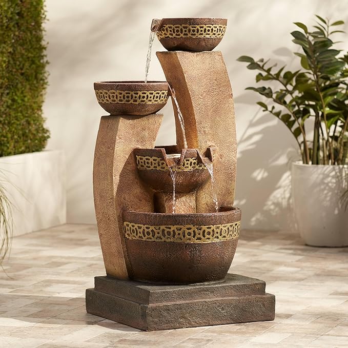 Four Bowl 41 1/2" High Large Zen Indoor Outdoor Decor Faux Stone Floor Fountain with Light LED Waterfall Cascading Standing Water Feature for Outside Garden Patio Yard Backyard - John Timberland