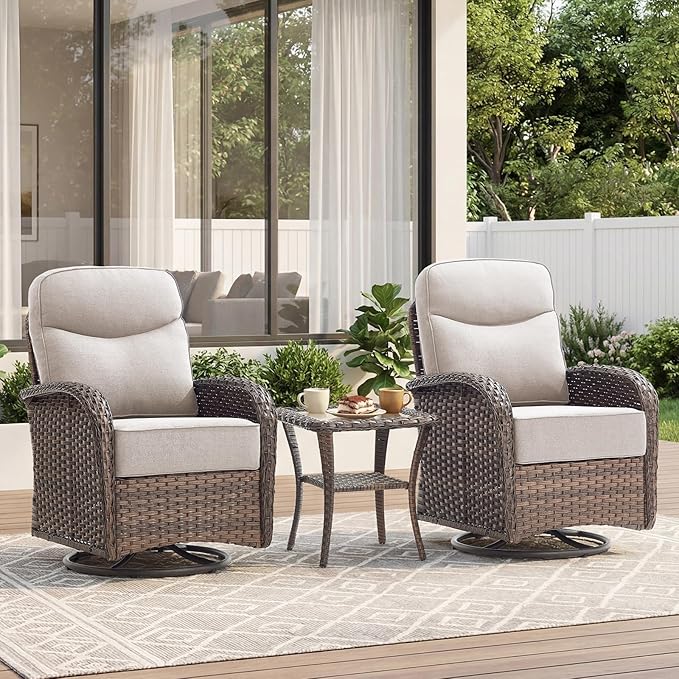 Outdoor Swivel Rocking Chair Patio Set (3-Piece), High-Back - Thick Cushion Swivel Rocking Chair Patio Set, All-Weather Wicker Patio Furniture Set, Suitable for Balcony Patios, Brown/Beige