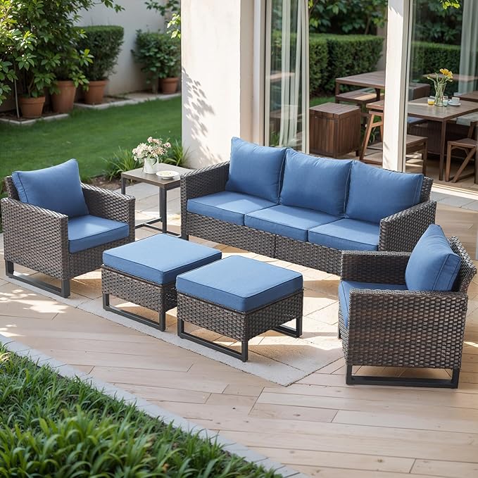 Rilyson Wicker Outdoor Patio Furniture Set - 6 Piece Patio Conversation Set with 2 Armrest Chairs,2 Rattan Ottoman,1 Couch and 1 Metal Side Table for Outside Porch Deck Backyard(Brown/Blue)