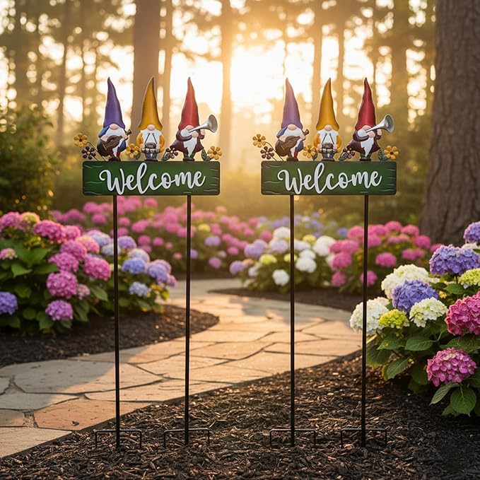 Spring Gnomes Decorations for Yard with Garden Welcome Sign, Large 43.3inch Musical Gnome Decorative Garden Stakes Metal Yard Art for Outdoor Lawn Decorations