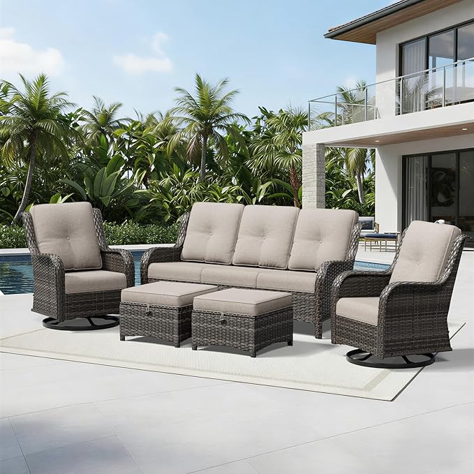 Joyside 5 Piece Wicker Patio Furniture Set, Outdoor Swivel Rocker Patio Chairs with High Back, Deep Seating, Wide Armrest, Thickened Cushions, Outdoor Furniture for Deck, Porch Use