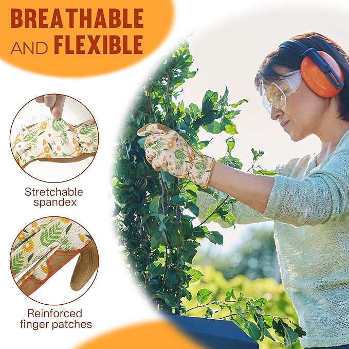 HANDLANDY Work Gloves for Women, Breathable Leather Gardening Glove for Yard Maintenance, Hand Protection with Touch Screen for Gardeners, Farmers