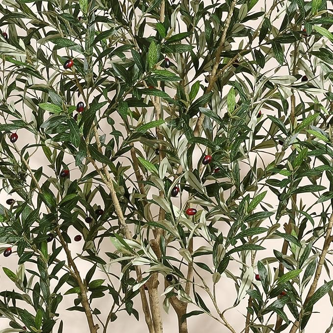 SOGUYI Olive Tree Artificial Indoor, 8FT Tall Faux Olive Tree with 11.5in White Cylinder Round Planter, Artificial Plants with Natural Wood Trunk and Lifelike Leaves for Home Office Decor