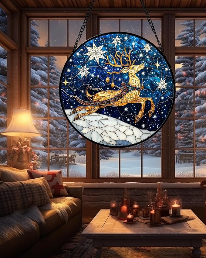HWRHTR Stained Glass Window Hanging - Reindeer Blue Starry Sky Suncatcher for Doors Home Christmas Decoration Winter Sun Catcher Thanksgiving New Year Birthday Gifts for Women Men Mom Nana 11.8 in