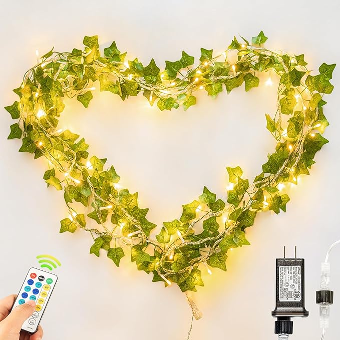 Vines with Fairy Lights,23ft Ivy Leaf Lights Plug in,73 LED Lighted Fake Garland with Remote Indoor Outdoor for Dorm,Bedroom,Wall,Celling,Curtain,Photo,Birthday,Wedding Decor(Warm White)