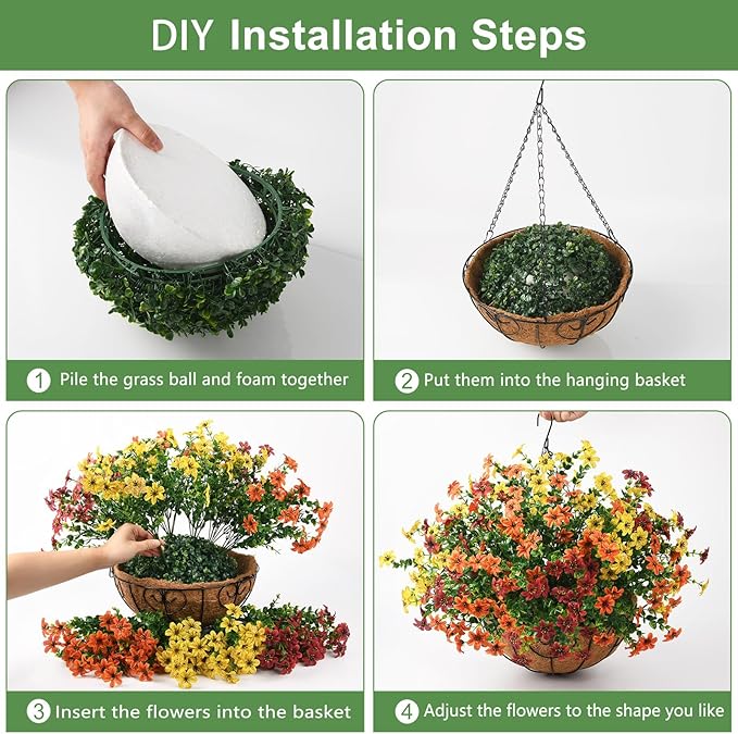 INQCMY Artificial Flowers Hanging Baskets for Outdoors Spring Decor, 12 Bundles Fake Plants Faux Silk Daisy with Eucalyptus Stem UV Resistant for Outside Patio Balcony Garden(Orange Brown Yellow)