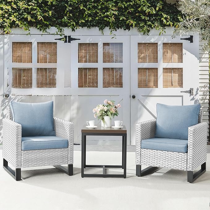 Belord Outdoor Bistro Set 3 Piece Outdoor Wicker Patio Chairs, Oversize Outdoor Rattan Seating Set, All-Weather Chairs Wicker Furniture with Side Table and Removable Cushion for Outside, Light Grey
