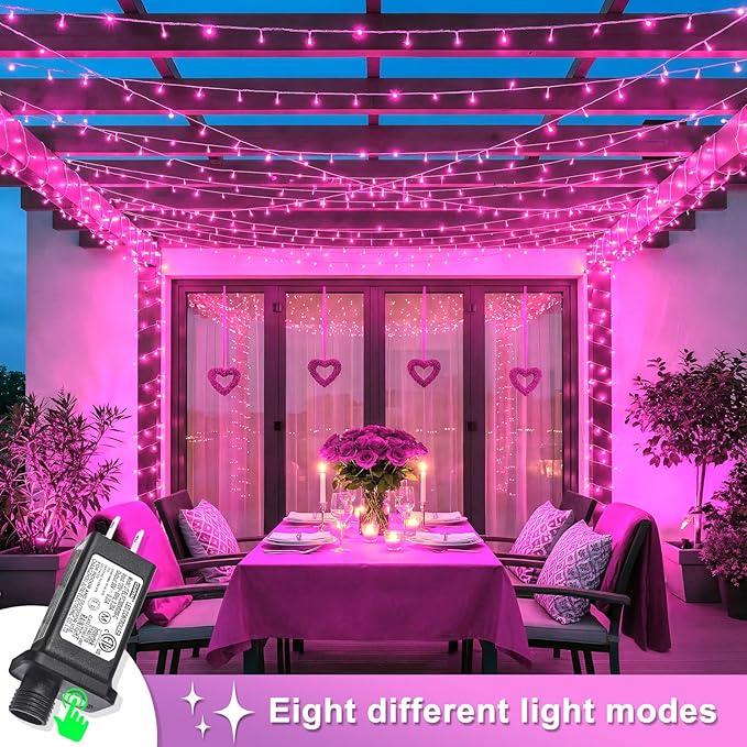 132 FT 400 LED Pink String Lights Indoor, Pink Valentines Day Lights with 8 Modes Clear Wire Waterproof, Plug in Fairy Lights for Bedroom Valentines Day Wedding Holiday Party Tree Decorations
