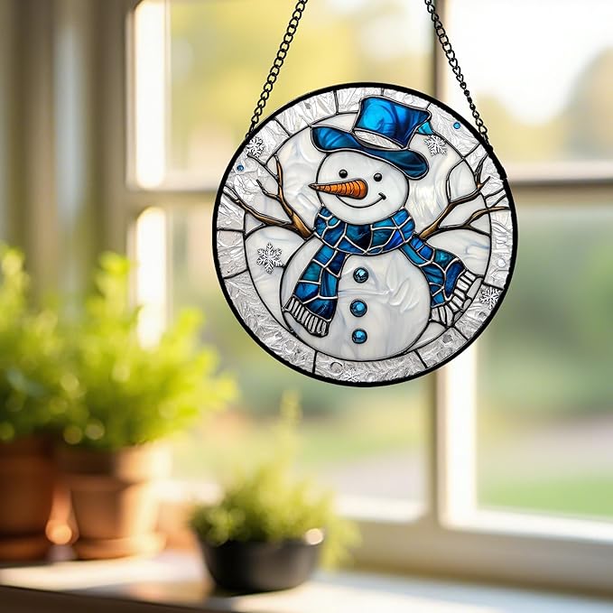 DASTOLL Stained Glass Window Hanging Christmas Snowman Blue White 7.8" - Suncatcher Door Garden Sun Catcher Home Decor Birthday Mother's Day Xmas Gift for Mom Men Woman Her Nana Parents Girl