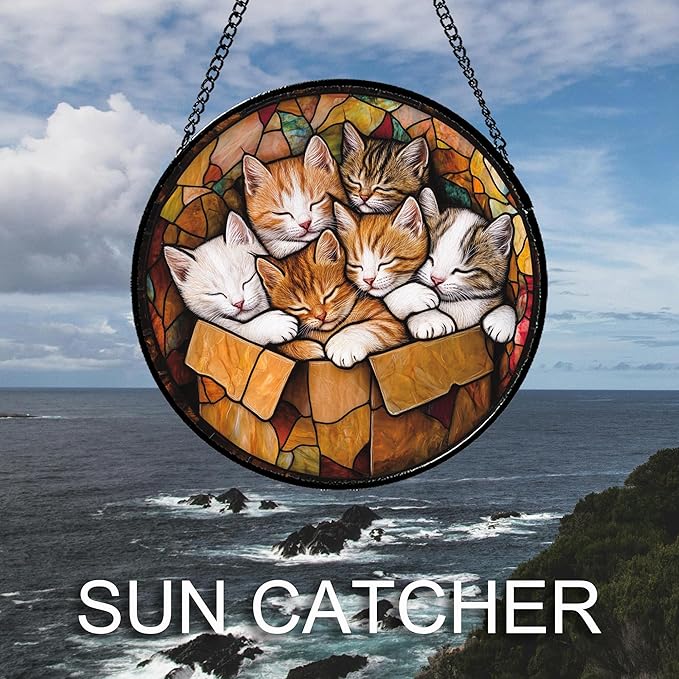Stained Glass Window Hanging 6 Cute Kittens 7.8" - Cat Gift Suncatcher Door Sun Catcher Decor Birthday Christmas for Lost Pets Mom Men Woman Friend