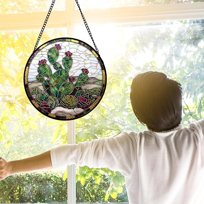 Stained Glass Window Hanging,Green Cactus Purple Flowers Suncatcher Diamond Glass Panel Sun Catchers Decor for Birthday for Women, Men, Wife, Aunt, and Mom 11.8x11.8 in
