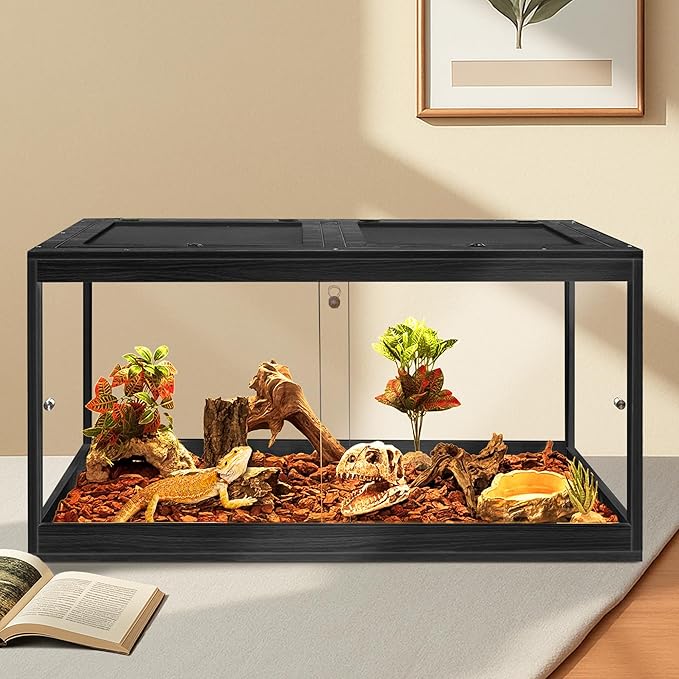 Prolee Tempered Glass Bearded Dragon Tank,Reptile Encloure and Snake Tank with Metal Mesh Roof Door,Locking Design Reptile Tank for Lizard,Gecko,Chameleon (Black, 32 Gallon (32x16x16 Inch))