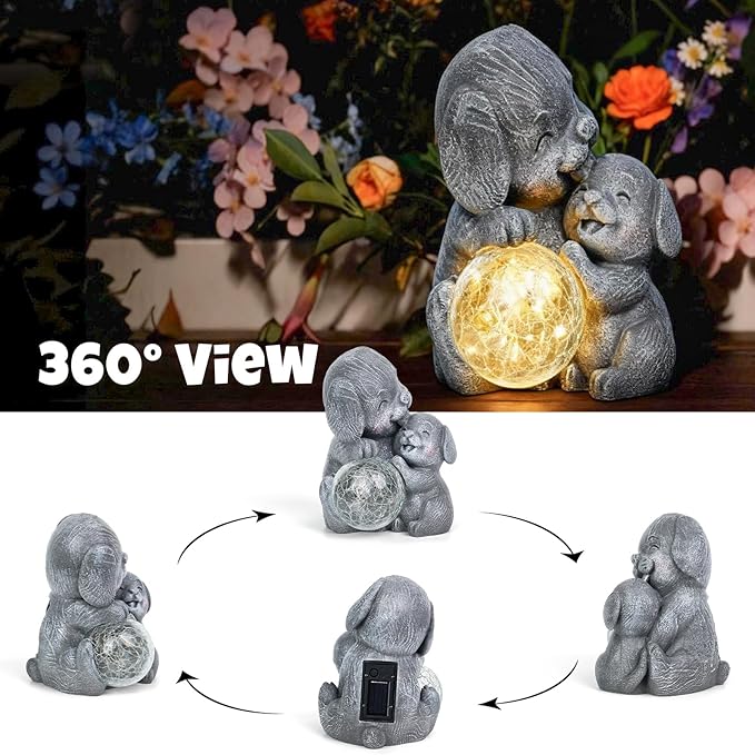 Komothala Solar Garden Statue Light, Outdoor Puppy Figurine with Solar Light for Patio, Lawn, Yard, Housewarming Birthday Gifts for Dad, Mom, Grandma,Women (Grey Dog)