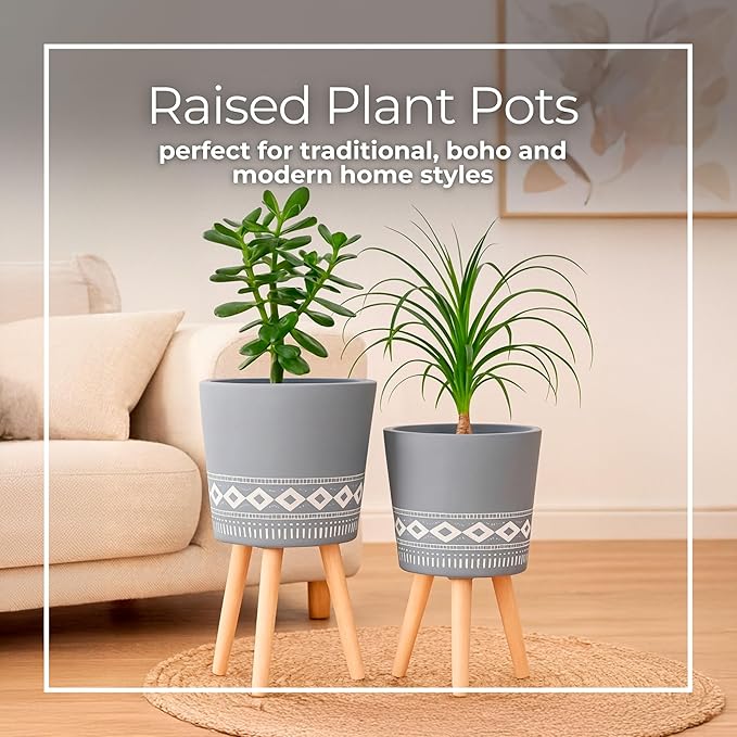 Set of 2 Resin Planters with Stands – Plant Stand Indoor Display, Outdoor Decor – Living Room Or Patio Placement – Mid–Century Style Plant Stand Home Decor – 12" & 10", Gray
