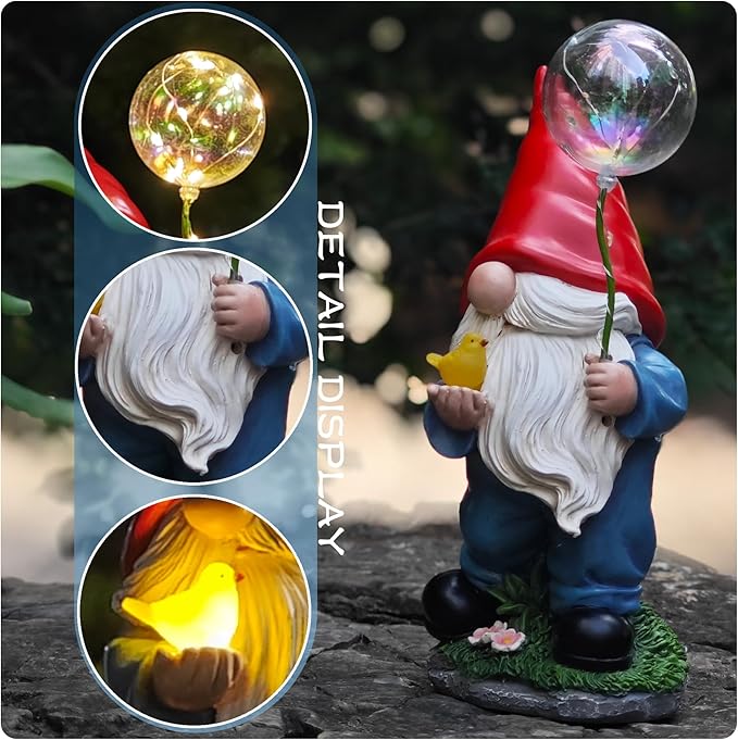 Solar Garden Male Gnome Statue, Detachable Outdoor Garden Decorative Stakes, Resin Gnome Holding Light-Up Bird & Bubble Wand, Upgraded 8-10H Lighting, for Patio, Yard, Flower Bed & Pathway, 10.63"
