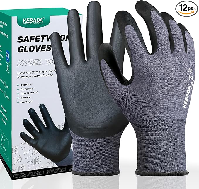 Kebada W5 Work Glove, Foam Nitrile Coated Safety Gloves with Grip, Knitted with Spandex and Nylon, Ideal for Warehouse, Gardening, XXL
