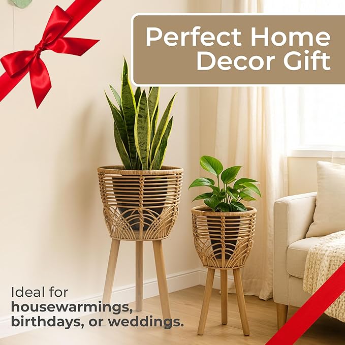 Set of 2 Rattan Planters with Wooden Stands – Boho Home Decor Woven Plant Pots with Natural Rustic Style – Indoor & Outdoor Floor Planters for Living Room, Bedroom, or Garden – 18" & 22", Brown