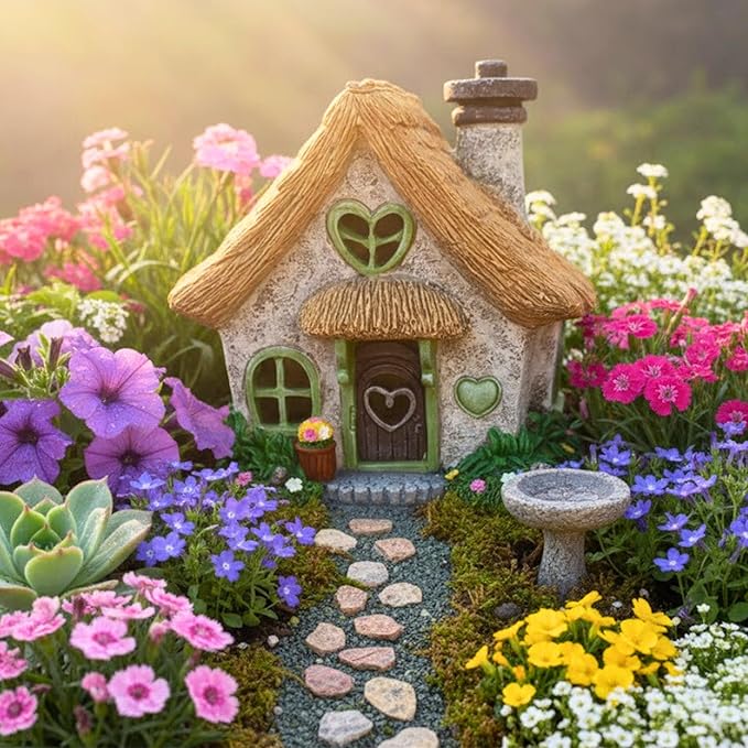 PRETMANNS Fairy House for Outside with Solar Powered LED Lights for Garden - Fairy Garden Houses for Outdoor - Miniature Accessories for Cottage Decor for Village - 7.56” High, Green