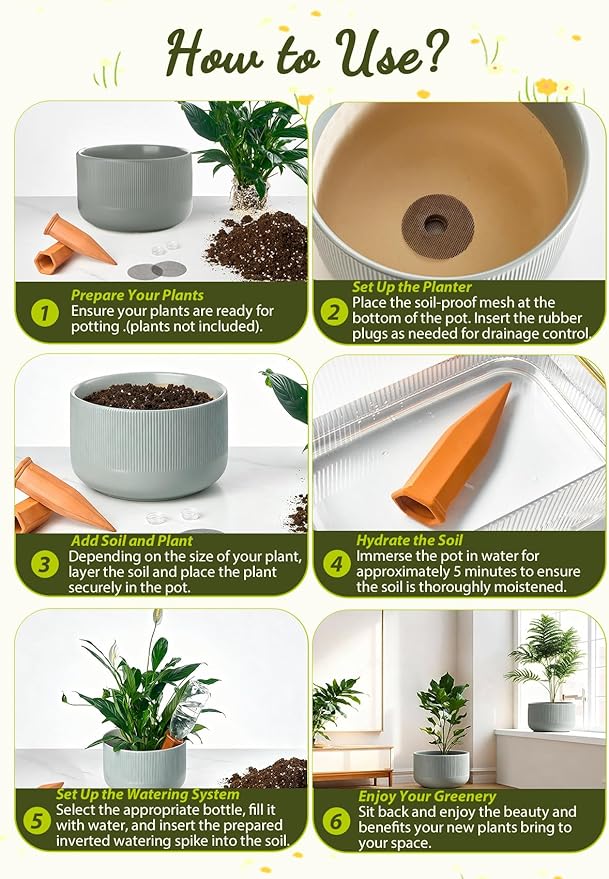 Ceramic Planters - 10+12 Inch Large Pots for Indoor & Outdoor Plants, Modern Flower Pots with Drainage Holes and Self Watering Devices, House Grey-Blue Big Plant Pot, Set of 2