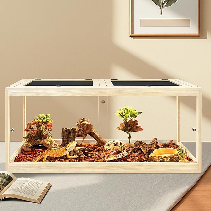 Prolee Tempered Glass Bearded Dragon Tank,Reptile Encloure and Snake Tank with Metal Mesh Roof Door,Locking Design Reptile Tank for Lizard,Gecko,Chameleon (Oak, 81 Gallon (48x20x20) Inch)