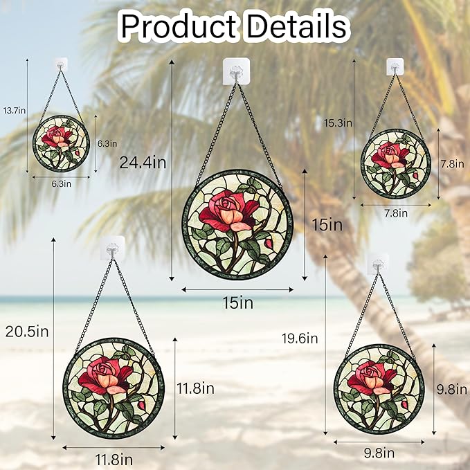 AMDERVEN Stained Glass Window Hanging, Red Rose Flowers Sun Catcher for Door Garden Home Decor Suncatcher Christmas Mother's Day Birthday Gifts for Women Lovers Men Wife Girlfriend Mom Nana 15 in