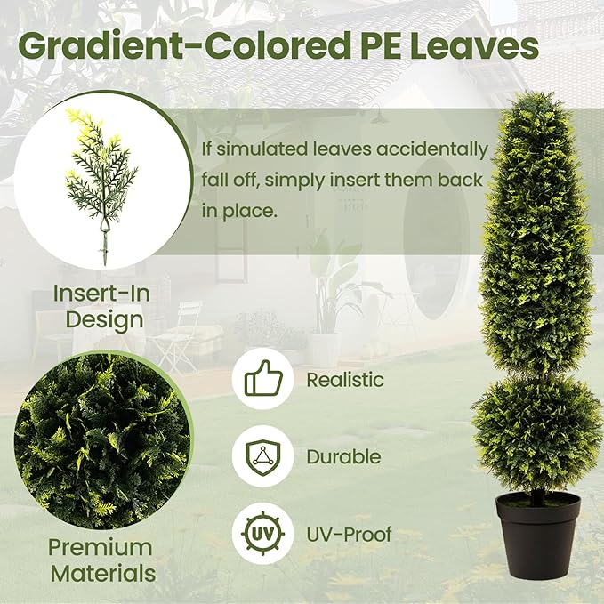 Goplus 4FT Artificial Cedar Topiary Trees for Outdoors, Faux Potted Plants Cypress Trees with Natural Vines, Cement Pot, Fake Evergreen Artificial Topiary for Indoor Home Front Porch Decor