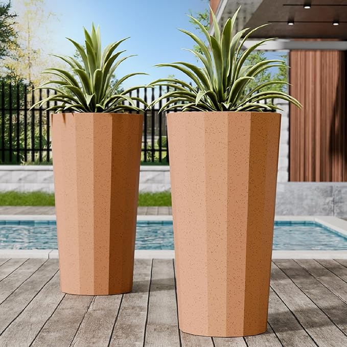 Diyfire 2PCS Tall Planters for Outdoor Plants, 23.6 Inches Large Outdoor Conical Flower Pots for Porch with Drainage Holes and Drainage Baffle, Tapered Large Planters for Garden, Balcony Clay Color