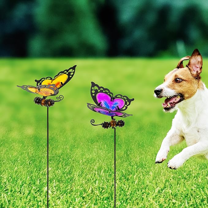 Voumsil Butterfly Garden Stakes,Butterfly Kit Made of Glass and Metal,Colorful Butterflies Garden Decorations Can Make The Garden Full of Color and Vitality. (Yellow and Purple)