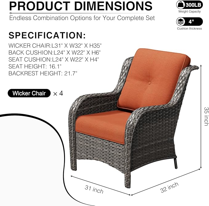 Joyside 4 Piece Wicker Patio Furniture Set, Rattan Patio Chairs with High Back, Deep Seating, Wide Armrest, Thickened Cushions, Outdoor Furniture for Deck, Porch Use