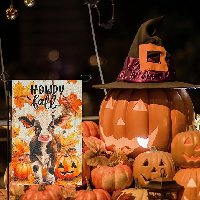 Halloween Howdy Fall Cute Cow Burlap Garden Flag,12x18 Inch Double Sided Pumpkins Maple Leaf Outside Small Yard Outdoor Flags, Holiday Autumn Thanksgiving Seasonal Porch Decoration