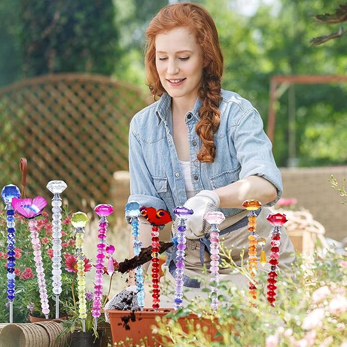 145 PCS Beaded Garden Stakes Kit, DIY Fairy Wand Garden Stake Beads Kits with Assortment Large Hole Beads 4 Crystal Stopper Top 2 Butterfly Tops and Threaded Rods for Outdoor Indoor Decor