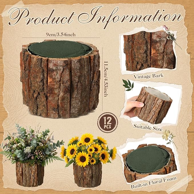 12 Set Wooden Vase for Centerpieces Wooden Flower Vase with Flower Mud Rustic Bark Stump Buckets Vintage Wood Planter Pots for Woodland Party Wedding Window Home Farmhouse Table Decor
