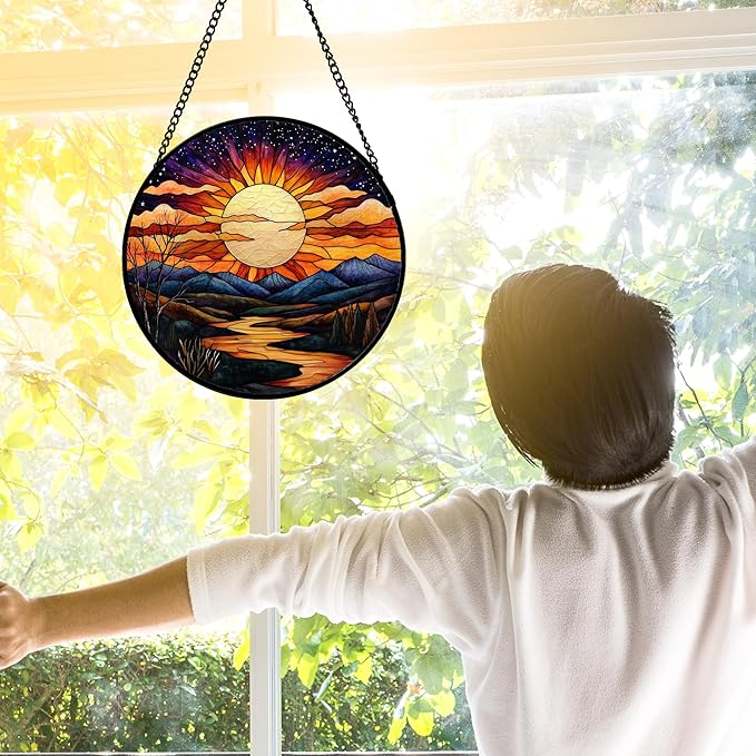 DASTOLL Stained Glass Window Hanging, The Sun Shines Brightly on Lake Sun Catchers Colorful Glass Panel Suncatcher Decor for Birthday for Women, Men, Wife, Lovers, and Mom 7.8 in