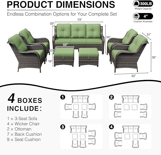 Joyside 7 Piece Wicker Patio Furniture Set, Rattan Patio Chairs with High Back, Deep Seating, Wide Armrest, Thickened Cushions, Outdoor Furniture for Deck, Porch Use