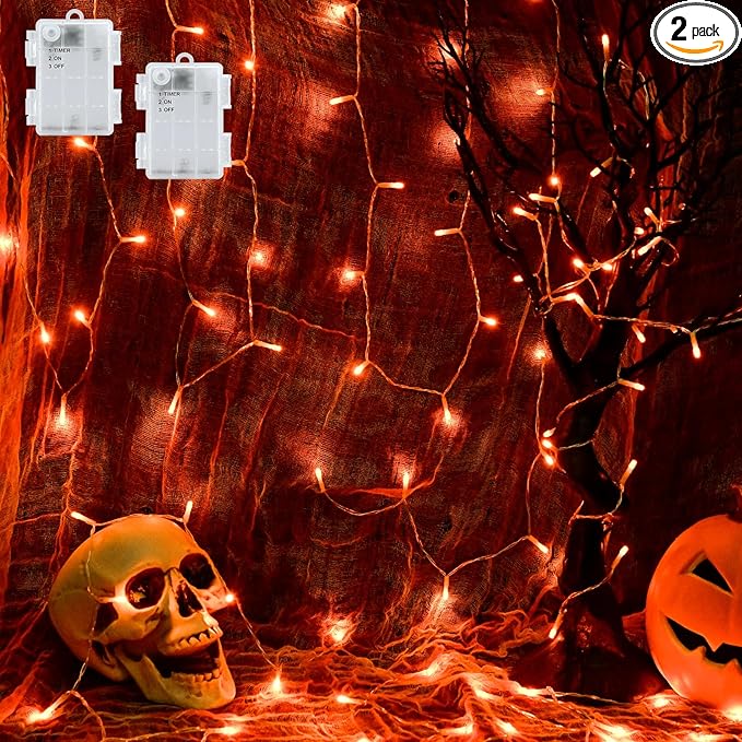 Halloween String Lights Battery Operated with Timer - 9.8ft 30LED Orange Waterproof Lights for Outside Decorations, Party, Yard, Pathway, Indoor and Outdoor 2 Packs
