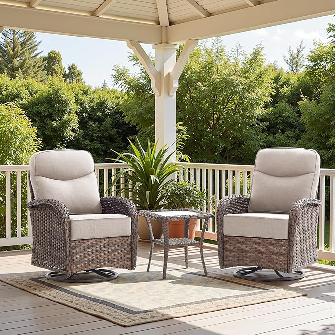 Luxury 6-Inch Cushion Outdoor Swivel Rocker Patio Chairs with Side Table, High Back Wicker Patio Furniture Set for Deck Porch Garden Balcony and Poolside Beige Cushion