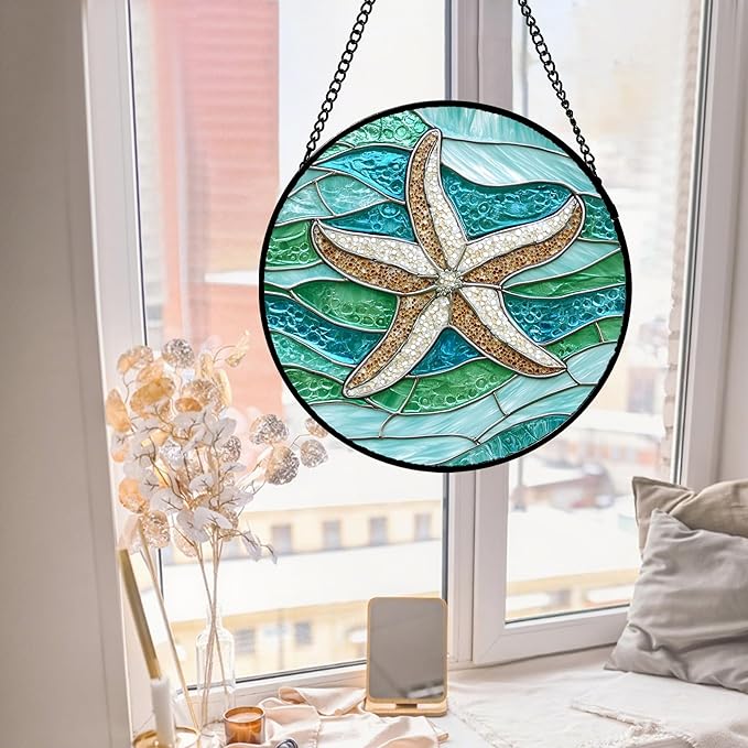 DASTOLL Stained Glass Window Hanging Teal Sea Waves Starfish 9.8" - Suncatcher Door Garden Sun Catcher Home Decor Birthday Mother's Day for Mom Men Woman Parents Her Child Nana