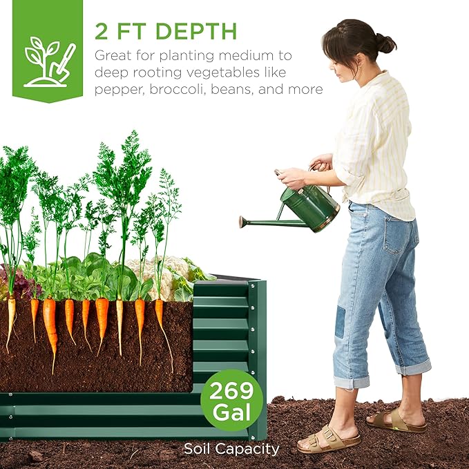 Best Choice Products 6x3x2ft Outdoor Metal Raised Garden Bed, Deep Root Box Planter for Vegetables, Flowers, Herbs, and Succulents w/ 269 Gallon Capacity - Dark Green