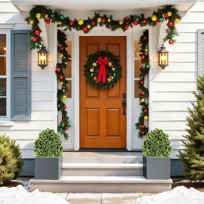 Azoco 27“ Realistic Artificial Boxwood Topiary Trees Set of 2, Faux Boxwood Plants Outdoor UV-Resistant, No Maintenance Curb Appeal Fake Evergreen Bushes & Shrubs for Front Porch Outside Planter Decor